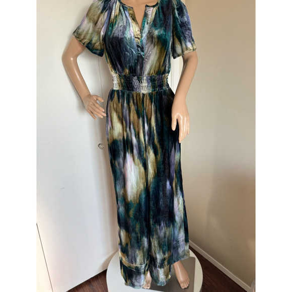 Anthropologie watercolor velvet smocked waist Jumpsuit Size S blue green Multi